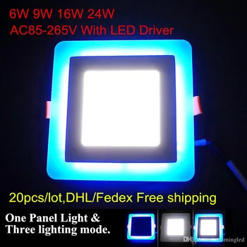 20 kom./lot Ultra trin Ugrađeni 3 Modela Kvadratnom LED svjetiljka 6 W 9 W 16 W 24 W Bijela+plava/toplo+boulet led unutarnji svjetlo 85-265 U DHL-Besplatno