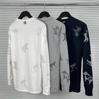 2021 Moda TB THOM Branded Muška Majica Tanka Casual Odjeća Dugih Rukava Životinjski Uzorak Proljeće i Jesen O-izrez, Pamuk Majice