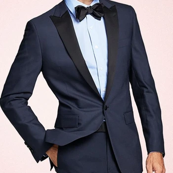 2021 Prilagođene Modni Predivna Tamno-Plava Muška odijela na jedan Preklopni Slim Fit Mladoženja Za Svadbene Večere Muška Odjeća (jakna+hlače)