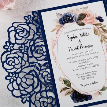 50шт Plavi Laser Cut Šuplje Ruže Pozivnice za Vjenčanje Kartice Biser Džepovima i Конвертами za Vjenčanje Svadba Tuš