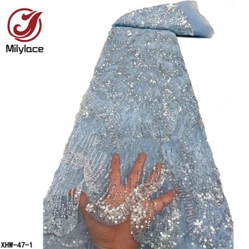Afrička cvjetne čipke Tkanina Visoke Kvalitete Francuski cvjetne čipke Tkanina Squin Lace with Nice Desiger Tulle Lace Fabric for Party Dress XHW-47