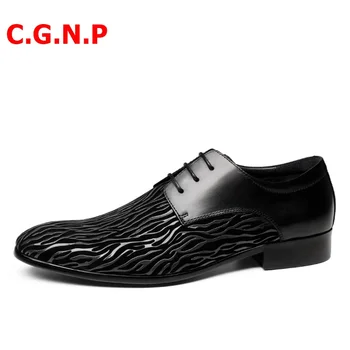 C. G. N. P Koreja Stil Tiskanih Mreškanje Vode Koža Muška Obuća Derbi Prirodna Koža Od Manekenske Cipele Crna Plava Formalne Cipele Za Muškarce