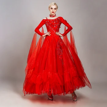 Crveno loptu haljina haljine bečki valcer haljine suvremeni ples standardni ballroom ples haljina za žene plesne kostime haljina