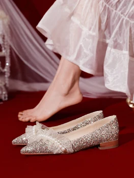 Dnevne Cipele Vjenčanje Kristalne Cipele Osnovne Cipele Vjenčanje Nevjesta Žene 2021 Nove Cipele na ravne cipele za Vjenčanje Cipele Francuski Bisera Cipele