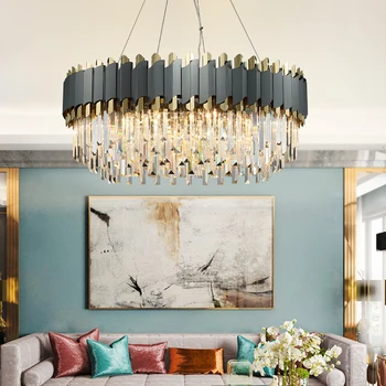 LED Art Deco Black Golden Stainless Steel Crystal Chandelier Hanging Lamp Lighting Lustre Chandelier Lighting Fixture For Foyer