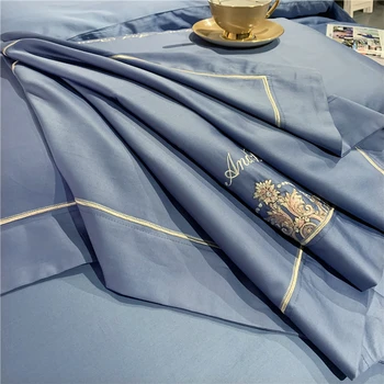Luksuzni Plava Europski Stil 600TC Egipatski Pamuk Veliki Vez Komplet Posteljinu Deka Krevetu Ili Prekrivač Jastučnice 4kom