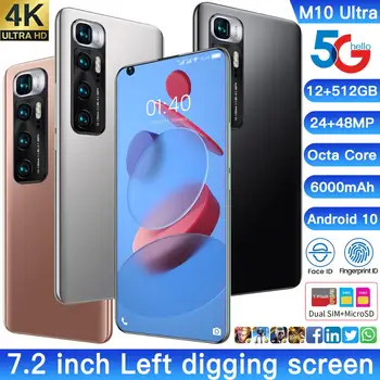 M10 Ultra Global Version 7.2 Inčni Smartphone 12/512GB Android10 Full Screen 4G 5G Dual SIM Mobile Phone Octa Core Cell Phone