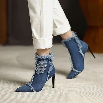 Nove ženske plave traper čizme s oštrim Vrhom Na visokim potpeticama Na ukosnica s oštrim Vrhom Mondeno cipele C15
