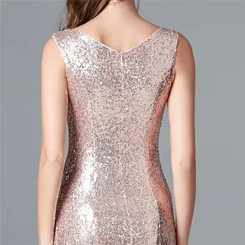 Novi dolazak Rose Gold Večernja Haljina sa Šljokicama 2020 Seksi Večernje haljine Bez rukava na V izrez Donje Elegantan Haljinu Na Munje Straga Vestidos