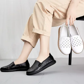 PEIPAH / Novo ljeto 2019 godine; Casua; Šuplje Ženske cipele na ravne cipele Od prave kože; Monotono cipele Zapatillas Mujer Od meke kože; Femme; Plitka Obuća
