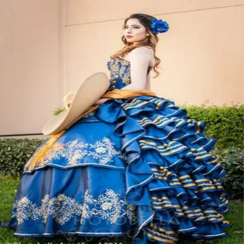 Plave Bujne Vjenčanica Loptu Haljina sa Volanima Paperjast Večernjih Haljina za Prom Charro Sweet 15 Tradicionalni meksički Haljina abendkleider 2020
