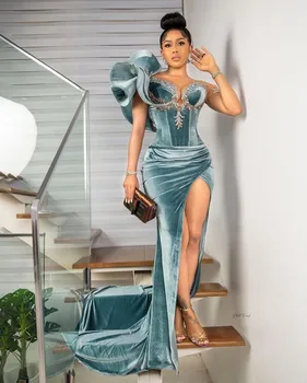Seksi Večernje Haljine Sirena Sheer Bend Velvet Crystal Beaded Women Split Prom Dresses Custom Made Dinner Dress Sweep Train