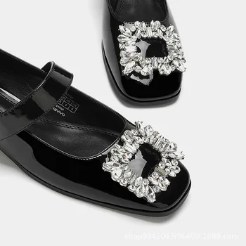 TRAF / Ženska obuća Mary Jane; Proljetna Moda cipele sa štrasom na trgu cipelama sa Remenom i Kopčom; Elegantne Ženske Cipele na ravnim Potplatima; Vintage Black tanke Cipele
