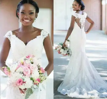 Vestido De Noiva 2020 Afrički vjenčanicu sirena s V izrez cvjetne čipke gumb Seksi Naslon kapu rukava Vjenčanje Vjenčanica