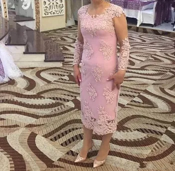 Vestido novia Aplicirano Čaj Duljina Elegantno Vjenčanje Večernja haljina 2018 Jewel Dugim Rukavima čipke Majka Nevjesta Haljine