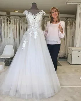 Vjenčanicu s okruglog izreza 2021 A Line Čipka Čipka Aplicirano Suknja Vjenčanica Vintage Vestido De Noiva