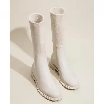 Ženske čarape Kintting Protežu Čizme 2021 Zima Zadebljanje Toplo Bijelo Debelu Petu Čizme Do sredine kavijara Cipele Žena Sapatos Femininos